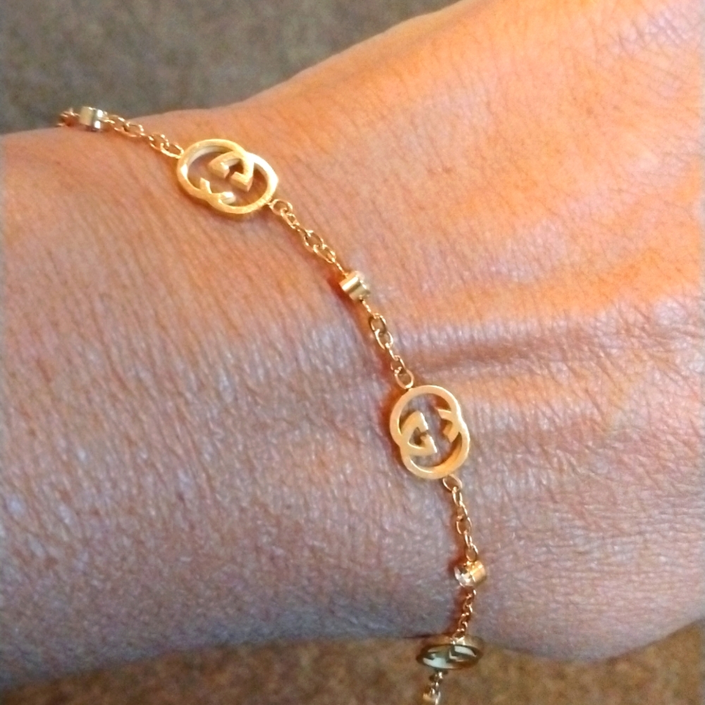 Special Purchase.Gorgeous  Upcycled Gucci fashion bracelet in gold w/ crystals